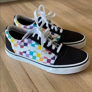 Rainbow checkered lace up vans